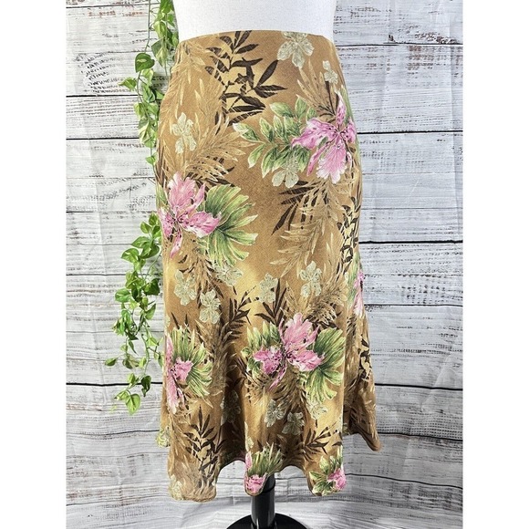 Charter Club Skirt size 16 Brown Green Pink Floral Linen Silk Bias A Line Knee - Picture 2 of 13
